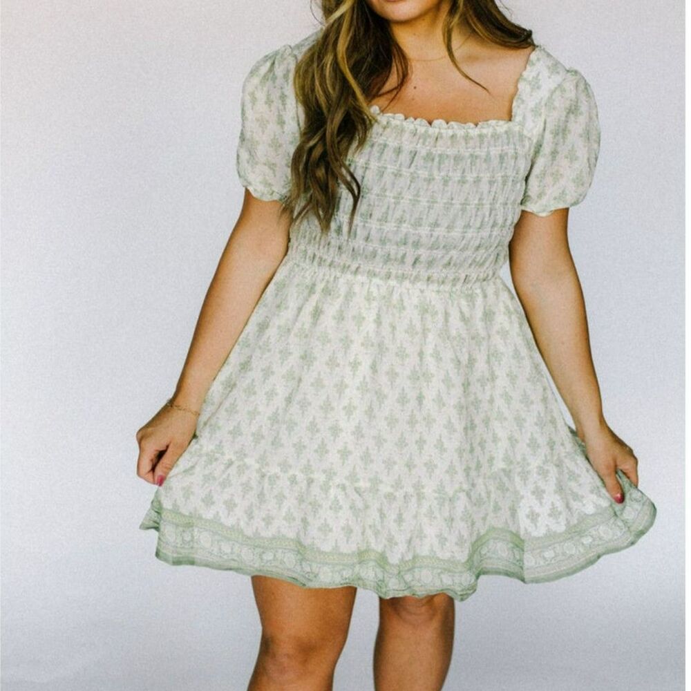 Blu Pepper Mini Dress Smocked Bodice Puff Sleeves Square Neck Women's Sz Large - Picture 8 of 8